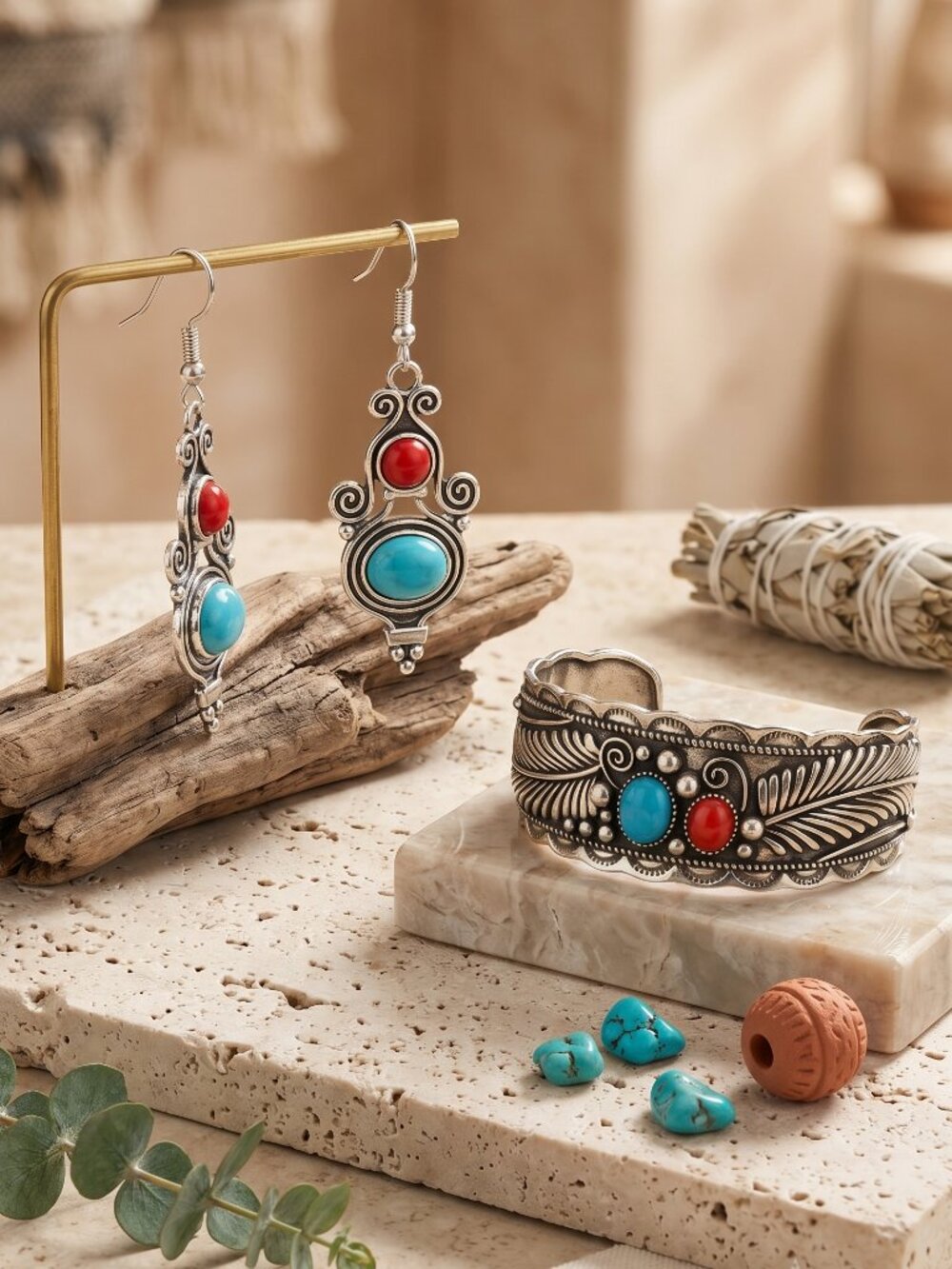 Silver Cuff Bracelet Earrings Set Turquoise Red Coral Southwestern Boho Filigree - Picture 9 of 15